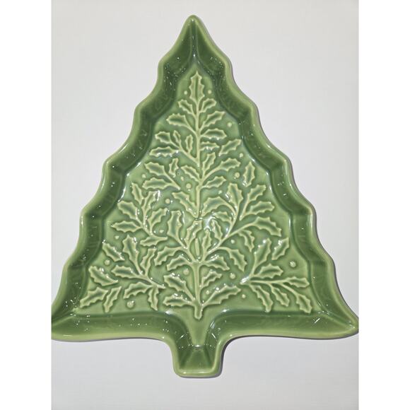 Hallmark Glazed Ceramic Christmas Tree Candy/Nut/Cookie Dish Green Embossed - Picture 1 of 5